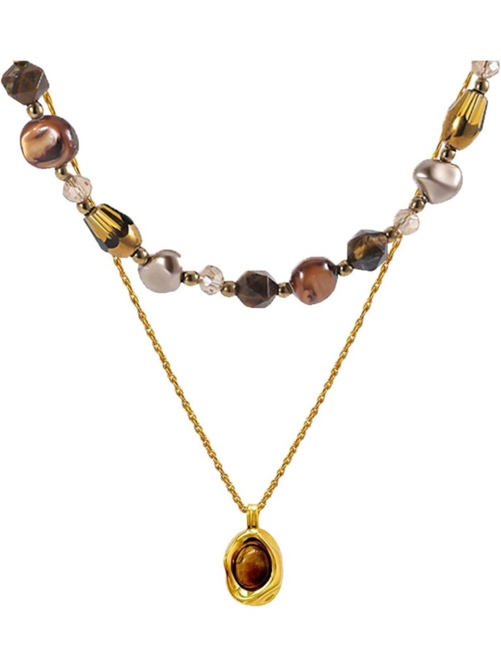 Bohemian Layered Necklace Set - Tiger's Eye Crystal Pendant with Gold Chain